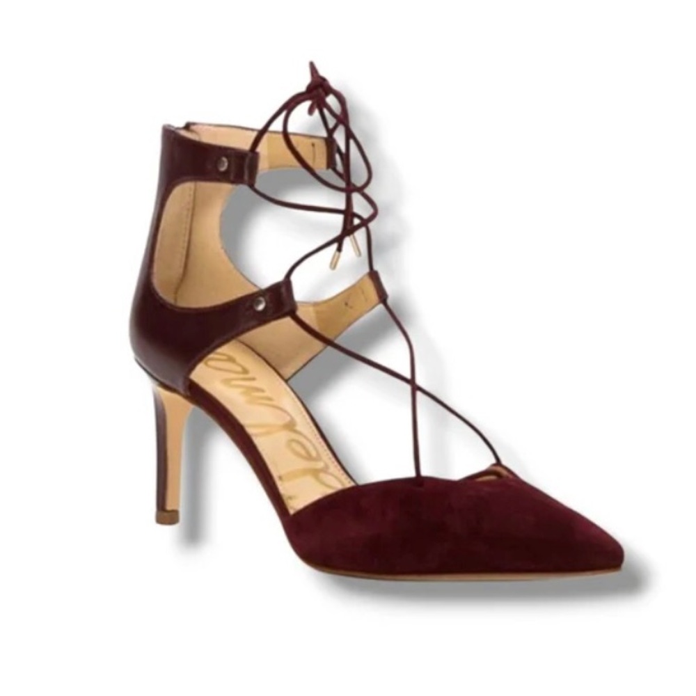 Sam Edelman Taylor Burgundy Leather Suede Lace Up Stiletto Heel Pointy Toe Pumps